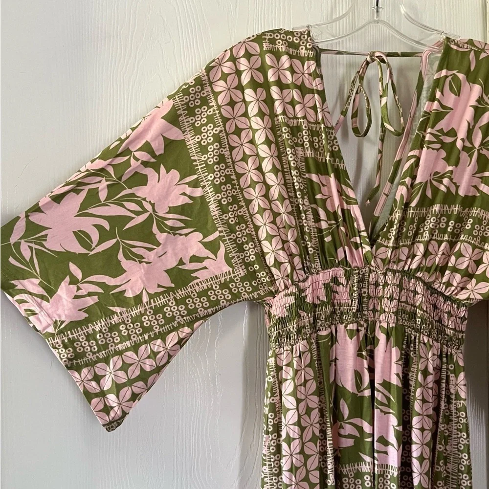 Light Pink and Sage Floral Maxi Dress with High Slit